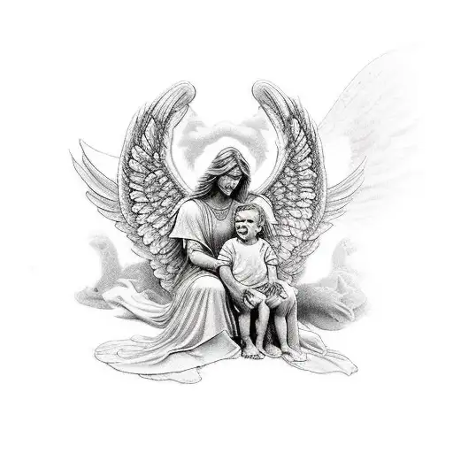 A guardian angel protecting a father and son symbolizing family and continuation of the lineage tattoo design idea