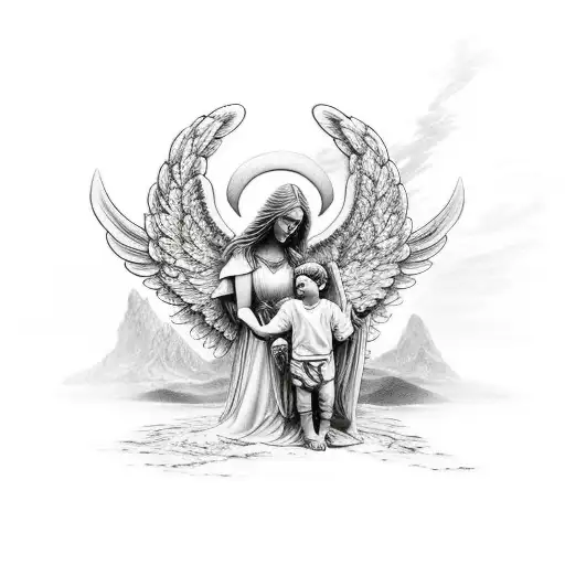 A guardian angel protecting a father and son symbolizing family and continuation of the lineage tattoo design idea