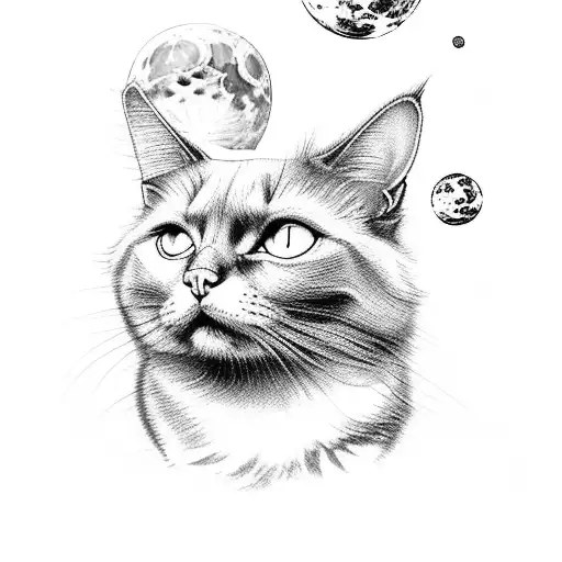 long hair black cat on moon felix tattoo design idea