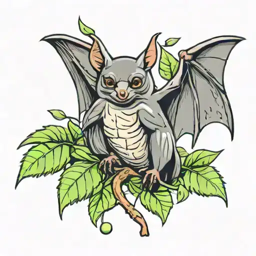 giant fruit bat with branch and leaves tattoo design idea