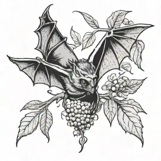 giant fruit bat with branch and leaves tattoo design idea