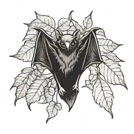 giant fruit bat with branch and leaves tattoo design idea