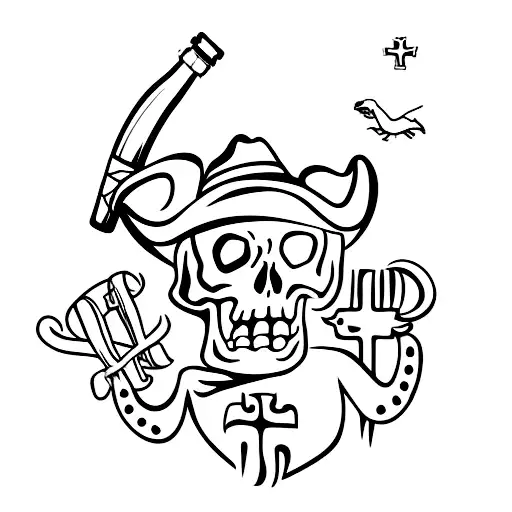 skeleton in a cowboy hat holding a cross and a bottle tattoo design idea