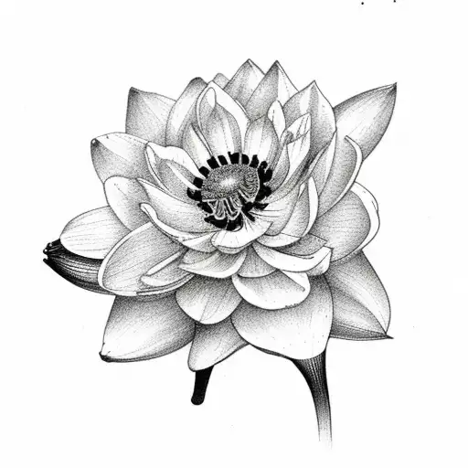 bouquet with a carnation, a waterlilly, a rose, a cosmos, a lilly of the valley, a larkspur, a morning glory, a hawthorn tattoo design idea