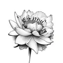 bouquet with a carnation, a waterlilly, a rose, a cosmos, a lilly of the valley, a larkspur, a morning glory, a hawthorn tattoo design idea