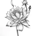 bouquet with a carnation, a waterlilly, a rose, a cosmos, a lilly of the valley, a larkspur, a morning glory, a hawthorn tattoo design idea