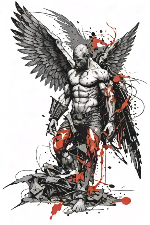 a muscular fallen angel with wings tattoo design idea