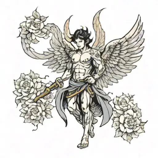 muscular fallen angel with wings tattoo design idea
