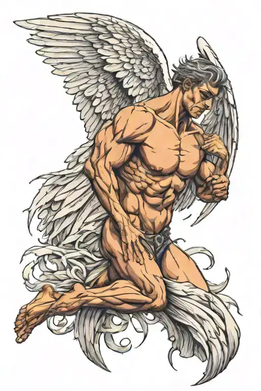 a muscular fallen angel with wings tattoo design idea