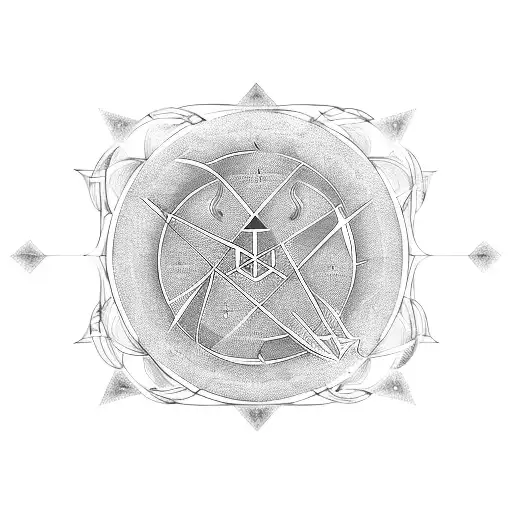 An alchemical symbol formed by intersecting geometric lines, surrounded by musical notes, symbolizing the client's interests in alchemy and music tattoo design idea