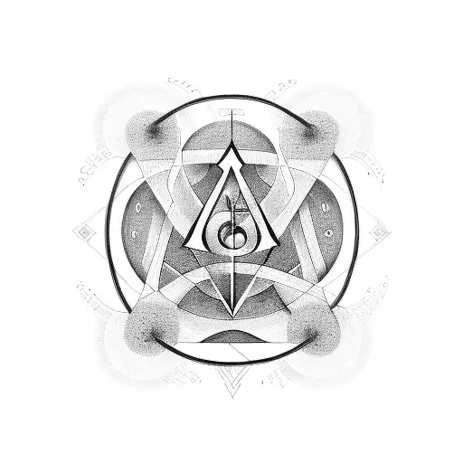 An alchemical symbol formed by intersecting geometric lines, surrounded by musical notes, symbolizing the client's interests in alchemy and music tattoo design idea