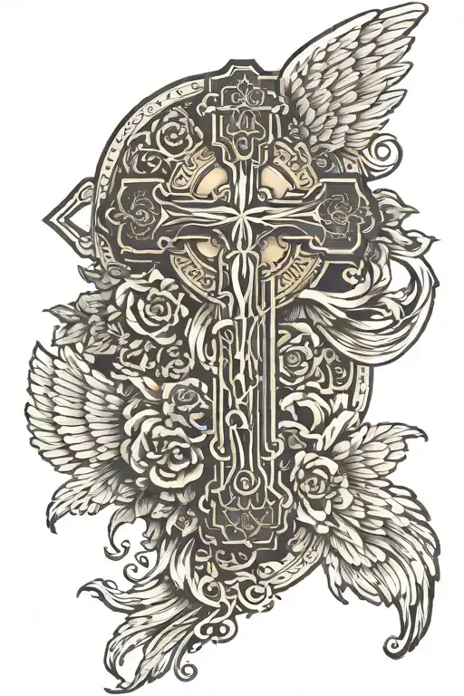 Cross with Jesus and angel GOD IS GREAT QUOTE: even though I walk a valley full of shadow and death I shall fear no evil tattoo design idea