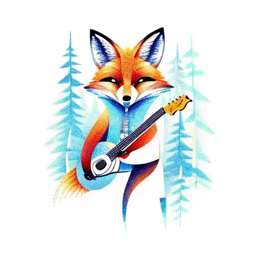 A fox playing a guitar in a vibrant forest tattoo design idea
