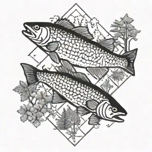 Hemlock trees and brook trout shoulder sleeve tattoo design idea
