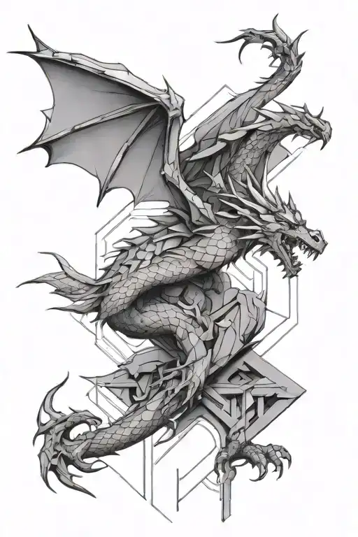 Sleeve tattoo dragon on shoulder, geometric designs going down rest of arm tattoo design idea