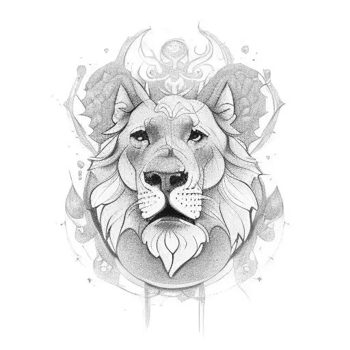 Quiero un diseño donde en la parte superior hay un león y un lobo mirando de frente de forma que cada mitad sea un anima tattoo design idea