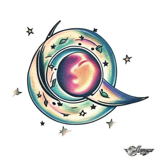 crescent moon, sage leaves, and a peach  tattoo design idea