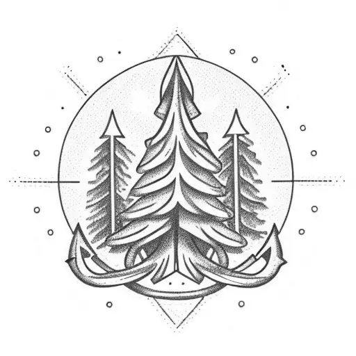 a pine growing out of an anchor. Half side is a sun and half aide is a steering wheel tattoo design idea