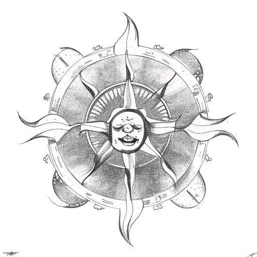 left side a steering wheel, right side sun, top part is a pine tree, bottom is an anchor tattoo design idea