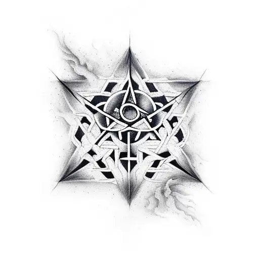 building on fire with pentagram baohonet tattoo design idea