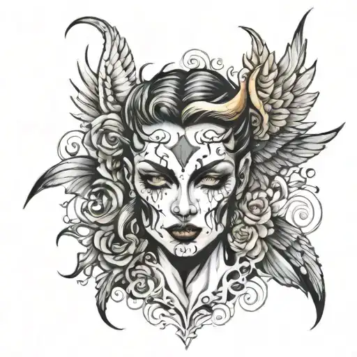 Half angel face half demon face tattoo design idea