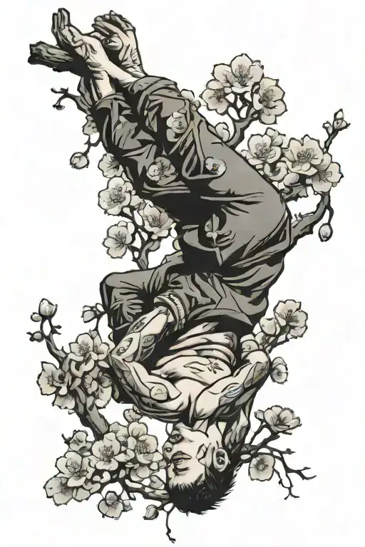 man hanging upside down from cherry blossom tree growing tattoo design idea