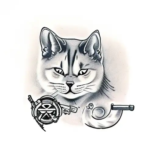 a cat with a gun riding an akita inu tattoo design idea
