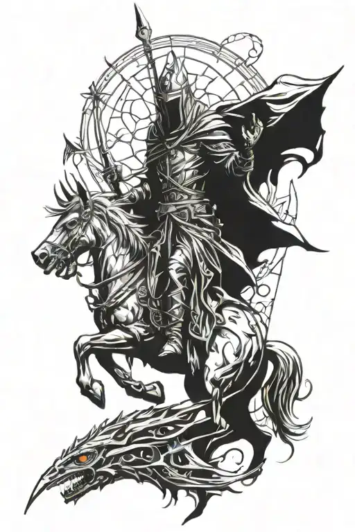 witch king of angmar with sauron and nazgul flying overhead tattoo design idea