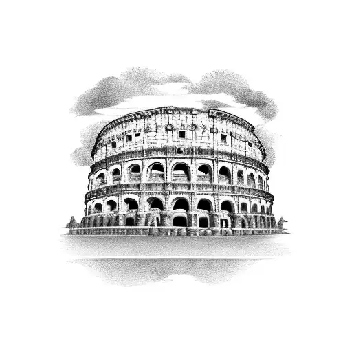 A detailed blackwork tattoo of the Colosseum in Rome with musical notes intertwined in the architecture tattoo design idea