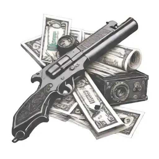 knife, Uzi pistol, rolls of dollars, bank cards, headphones, Masonic signs, all-seeing eye tattoo design idea