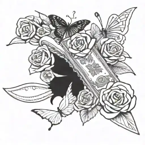 Bank of America card, rolls of dollars, roses, butterfly knife, PP ultrasound, all on the forearm tattoo design idea