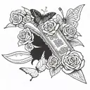 Bank of America card, rolls of dollars, roses, butterfly knife, PP ultrasound, all on the forearm tattoo design idea