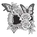 Bank of America card, rolls of dollars, roses, butterfly knife, PP ultrasound, all on the forearm tattoo design idea