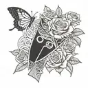 Bank of America card, rolls of dollars, roses, butterfly knife, PP ultrasound, all on the forearm tattoo design idea