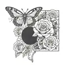 Bank of America card, rolls of dollars, roses, butterfly knife, PP ultrasound, all on the forearm tattoo design idea