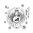 male anime eyes with the japanese letter for gold as pupil tattoo design idea