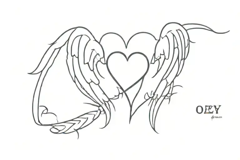 A heart with the words Ozzy Johnson  The dates 01/06/2005 and 13/03/2020 With angel wings   tattoo design idea