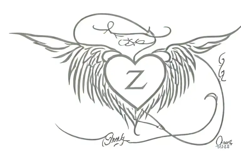 A heart with the words Ozzy Johnson  The dates 01/06/2005 and 13/03/2020 With angel wings   tattoo design idea