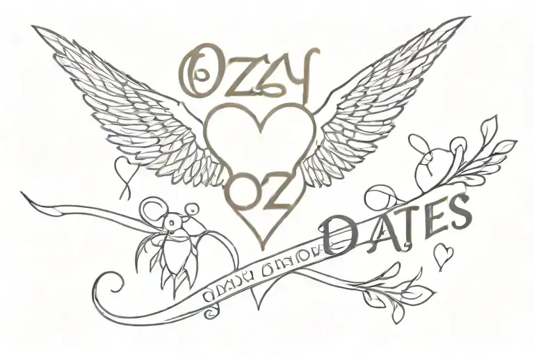 A heart with the words Ozzy Johnson  The dates 01/06/2005 and 13/03/2020 With angel wings   tattoo design idea