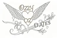 A heart with the words Ozzy Johnson  The dates 01/06/2005 and 13/03/2020 With angel wings   tattoo design idea
