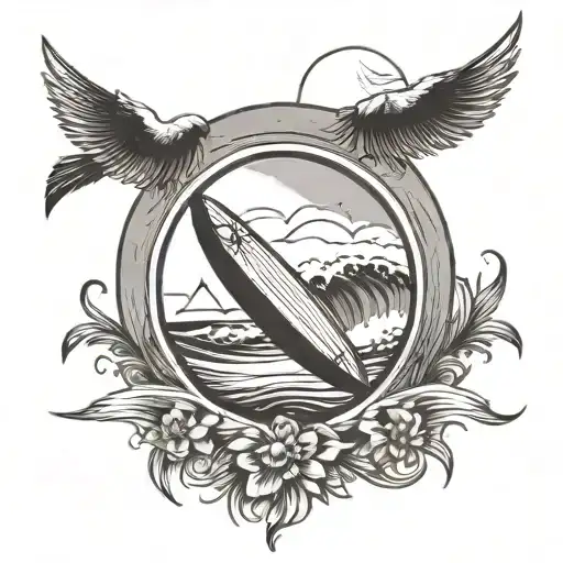 PLAGE AVEC UNE PETITE PLANCHE DE SURF AUTOUR D'UN ROND. AU DESSUS IL Y A UNE CROIX CHRETIENNE ET DES AILES D'ANGE tattoo design idea