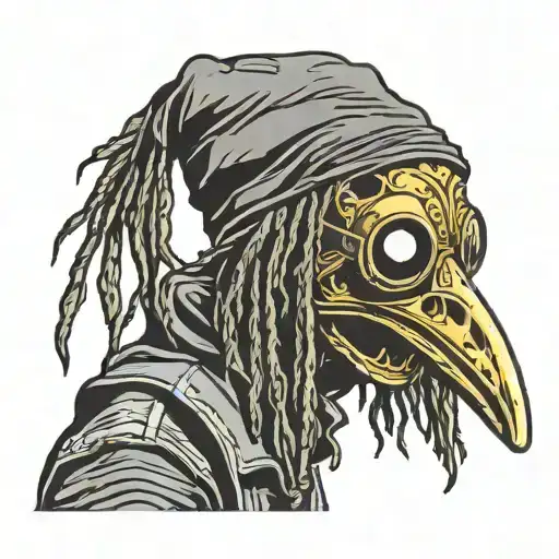1980s Tony hawk graphic with dreads plague doctor mask tattoo design idea
