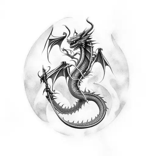 red dragon from the tip of the right side of the right knee, swirling down to the left ankle  tattoo design idea