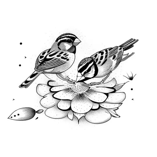 2 sparrows flying around flowers tattoo design idea