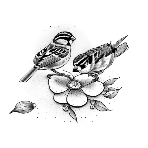 2 sparrows interlocking with flowers tattoo design idea