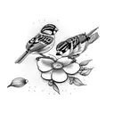 2 sparrows interlocking with flowers tattoo design idea