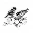2 sparrows interlocking with flowers tattoo design idea