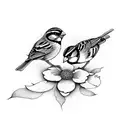 2 sparrows interlocking with flowers tattoo design idea