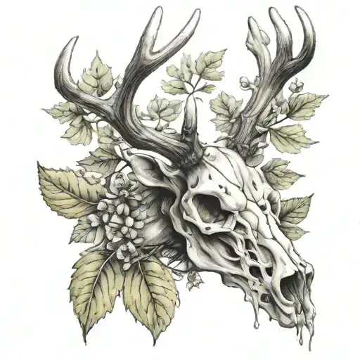 stag skull with oak leaves growing tattoo design idea