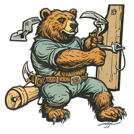 Incorporate a bear wielding a blacksmith hammer in a traditional style tattoo tattoo design idea